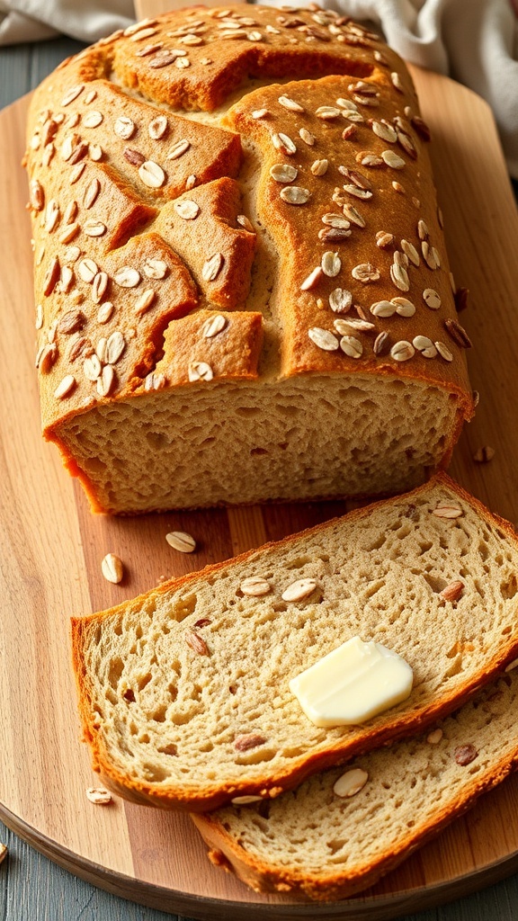 Nutty Oat Quinoa Bread Recipe A golden-brown loaf of oat quinoa bread sliced to show its texture, on a wooden cutting board with butter.
